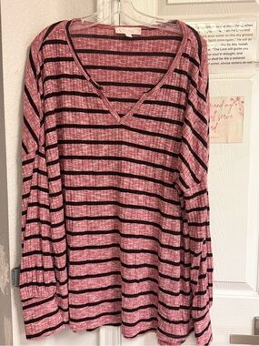 Suzanne Betro Pink and Black Striped V-Neck Long Sleeve Top
